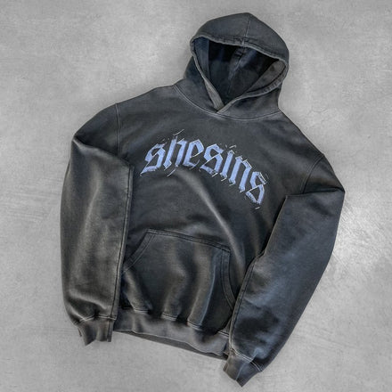 Oversized Old English Hoodie - Washed Black