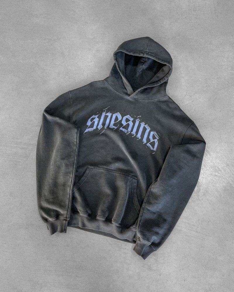 Oversized Old English Hoodie - Washed Black